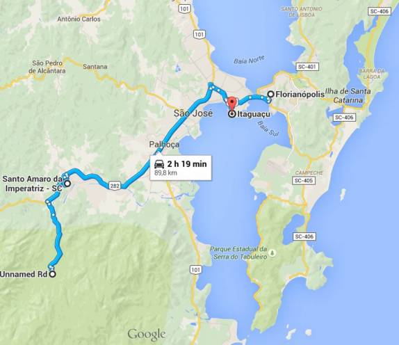 Nosso percurso de hoje, indo do centro de Florianópolis para Santo Amaro da Imperatriz e, de lá, para as cachpeiras do Rio vermelho, na Serra do Tabuleiro. Na volta, uma parada em Itaguaçu, bairro continental da capital catarinense